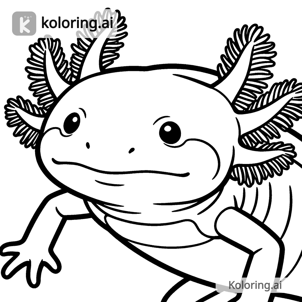 Black and white coloring page of axolotl with feathery gills close-up