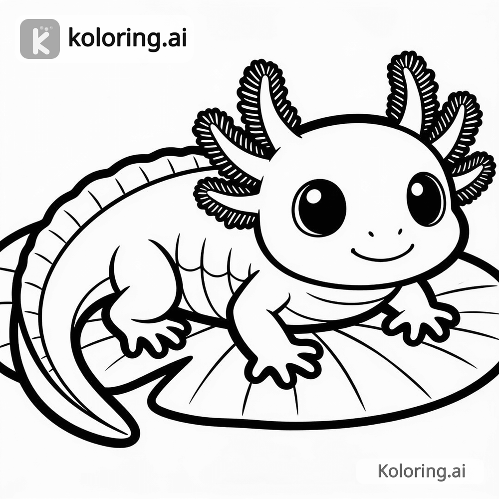 Black and white coloring page of baby axolotl resting on a lily pad