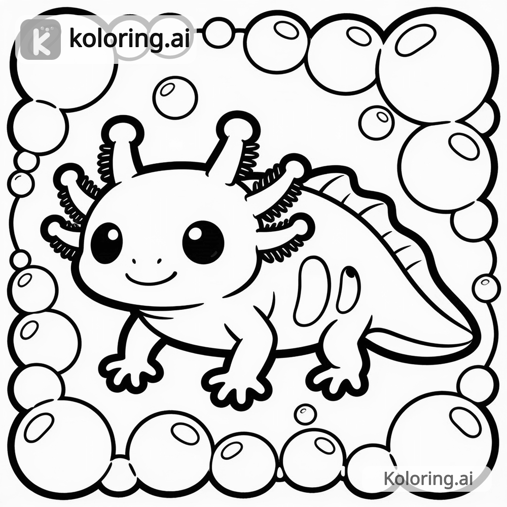 Black and white coloring page of cute axolotl smiling among bubbles