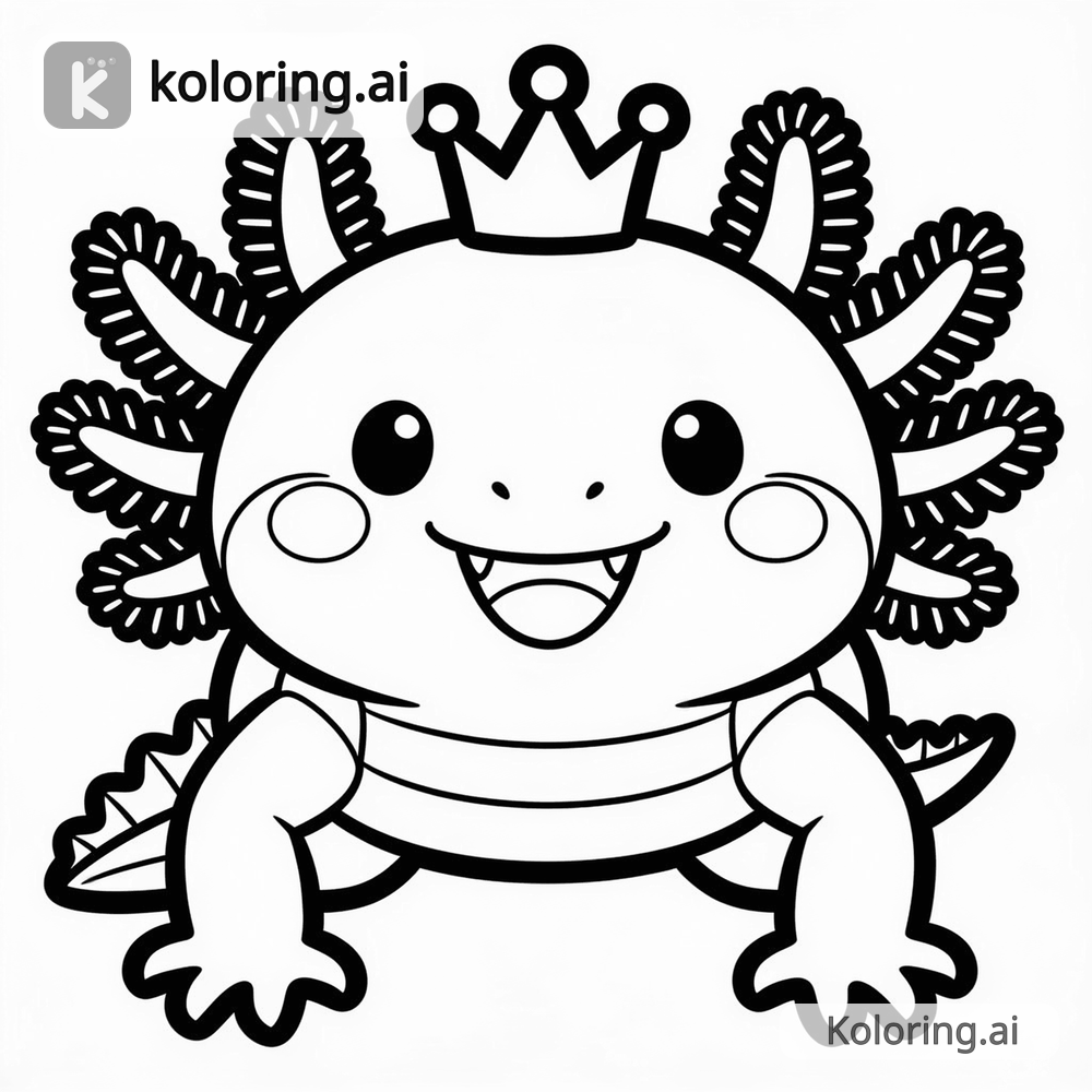 Black and white coloring page of happy axolotl with a tiny crown