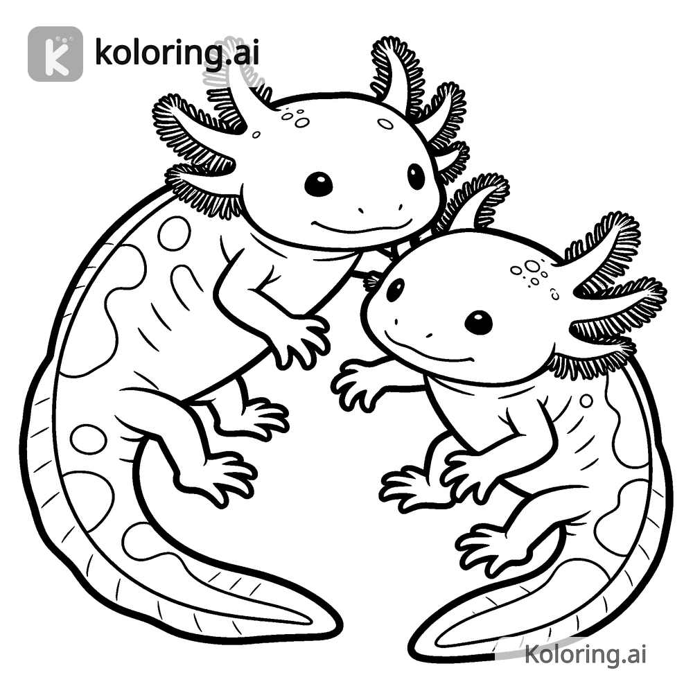 Black and white coloring page of two axolotls playing together