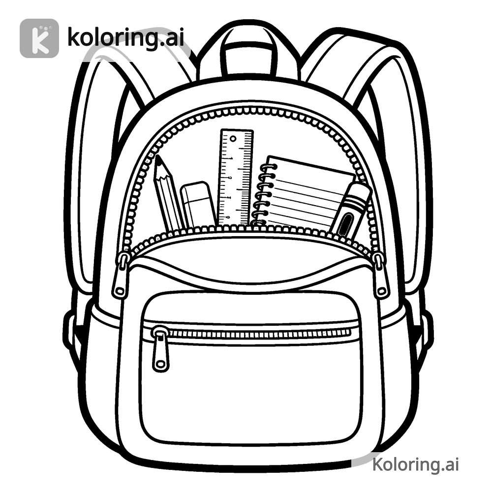 Black and white coloring page of backpack filled with school supplies