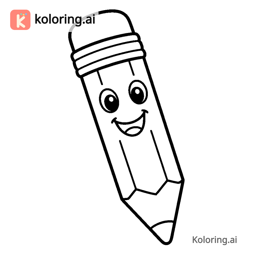 Black and white coloring page of big pencil with a smiling face