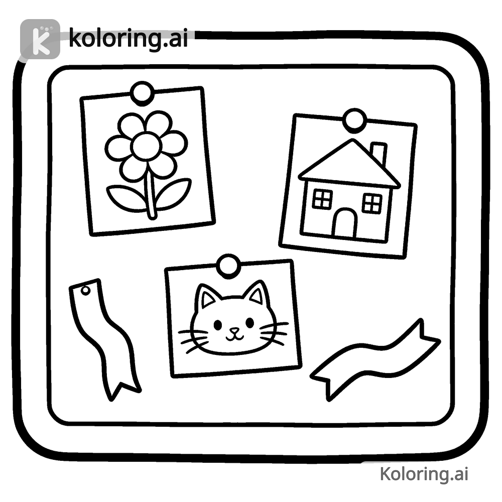 Black and white coloring page of bulletin board pinned with drawings and ribbons