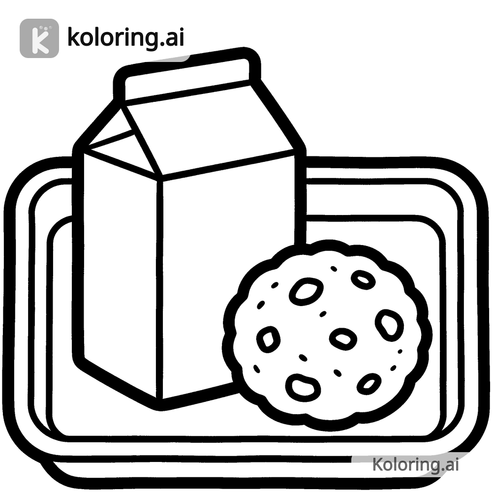 Black and white coloring page of cafeteria tray with milk and a cookie