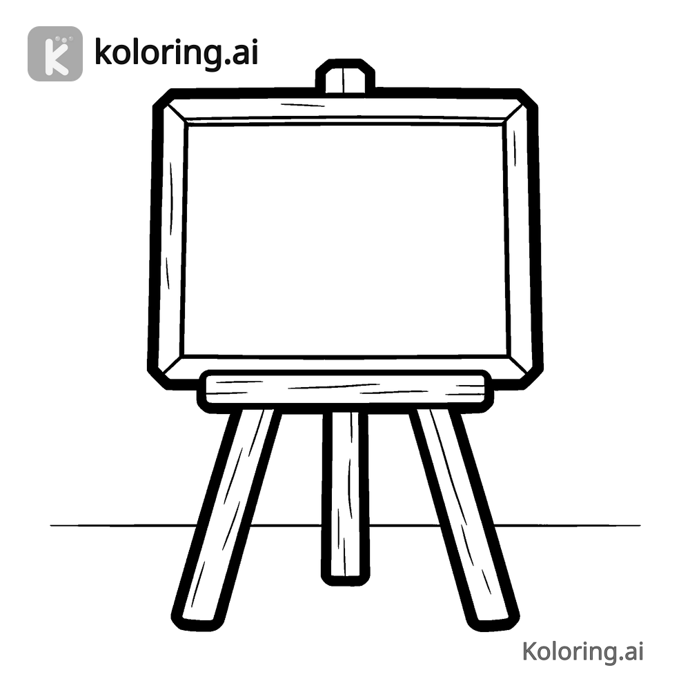 Black and white coloring page of classroom chalkboard with a wooden easel