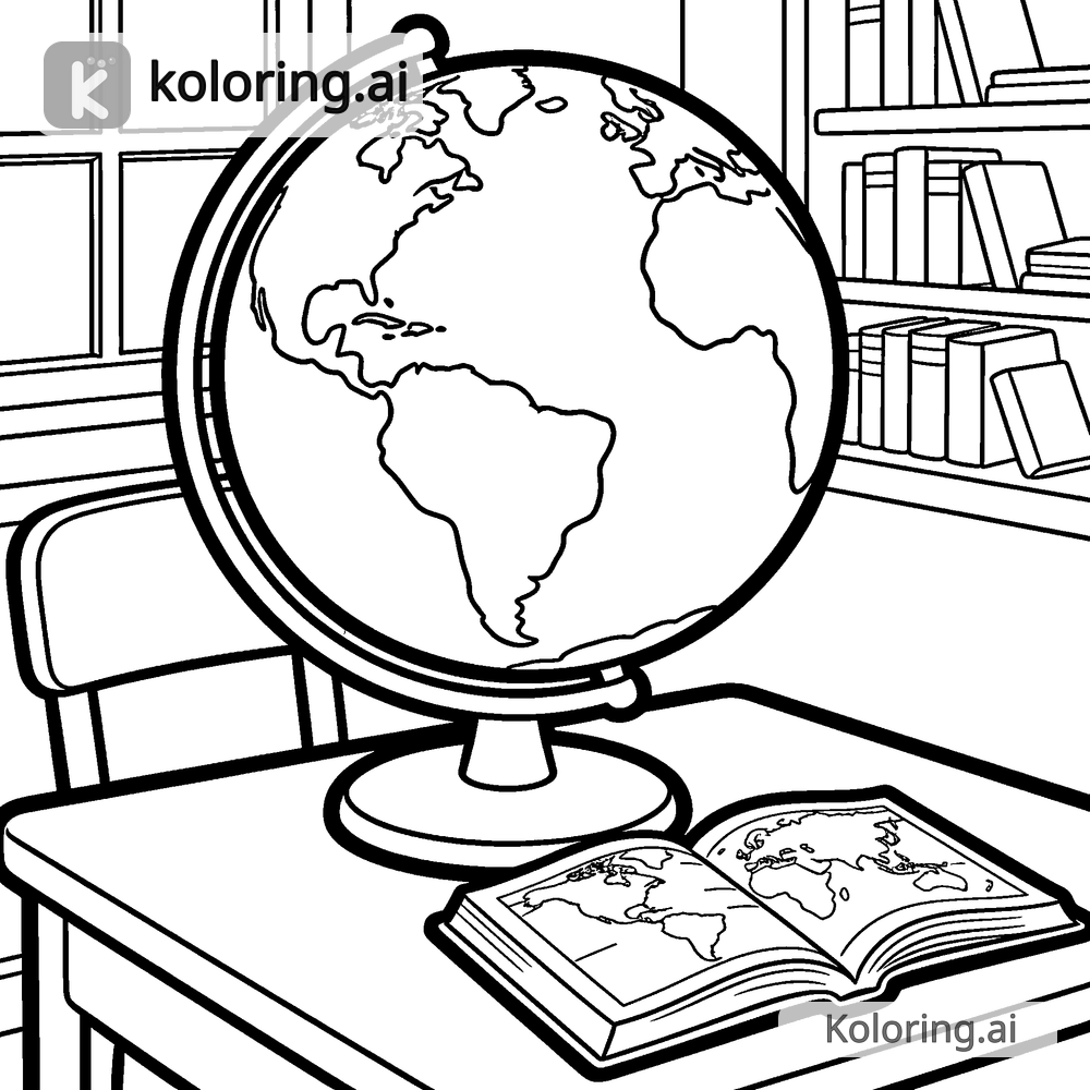 Black and white coloring page of globe and open atlas on a study desk