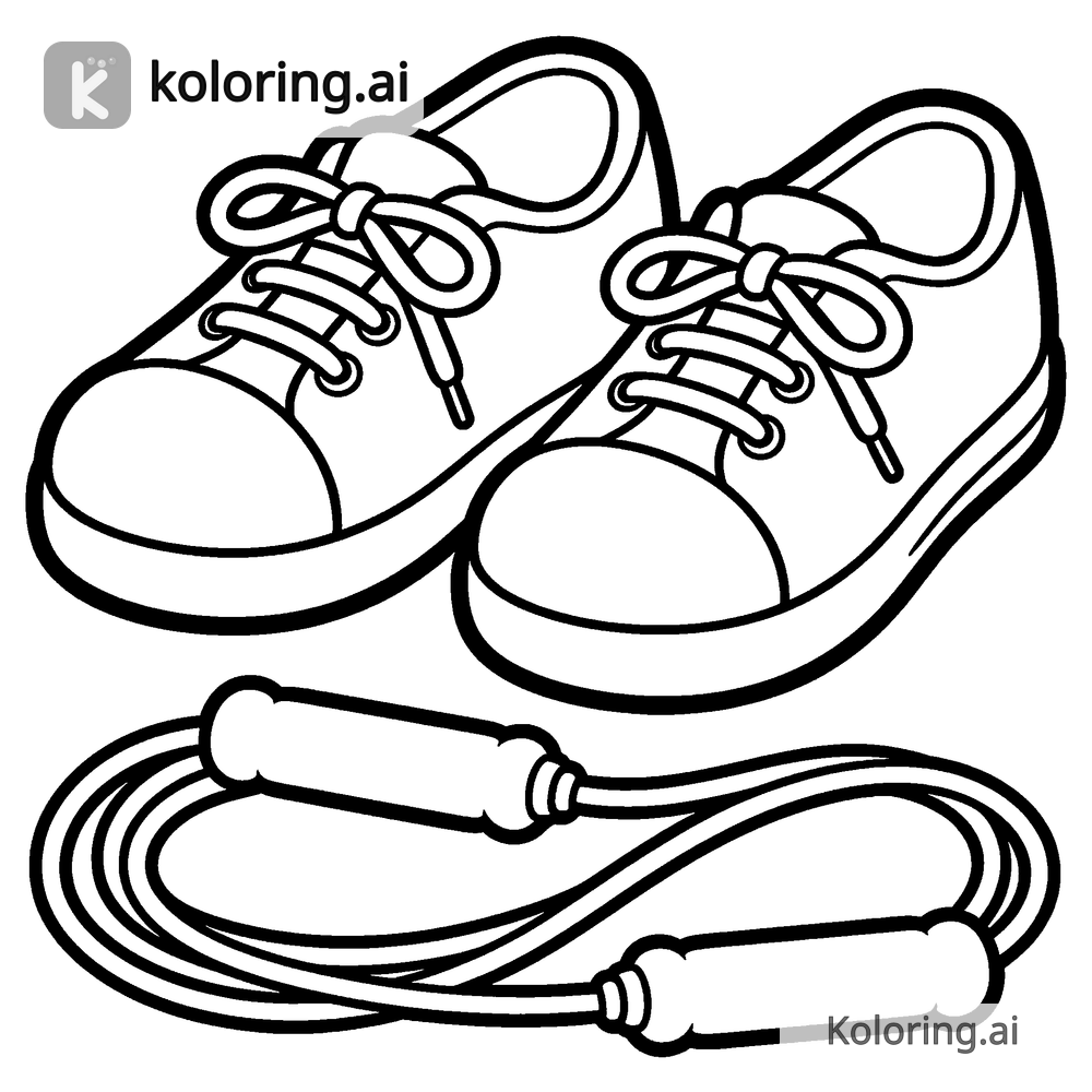 Black and white coloring page of gym class sneakers and a jump rope