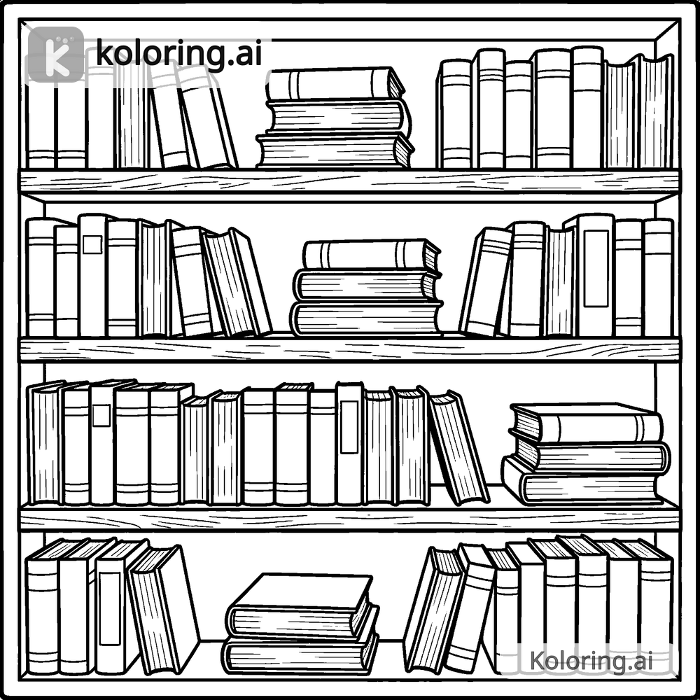 Black and white coloring page of library shelf stacked with storybooks