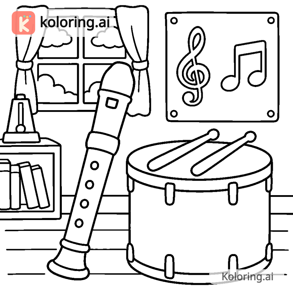 Black and white coloring page of music room with a recorder and a drum