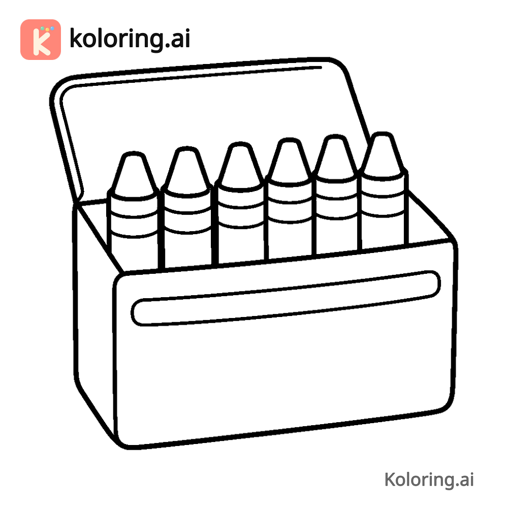 Black and white coloring page of open box of crayons