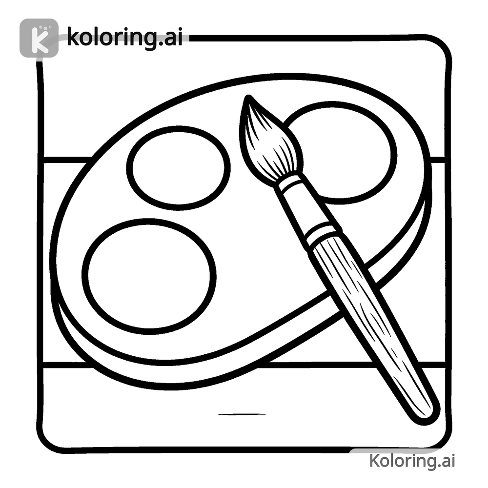 Black and white coloring page of paint palette and brushes in art class