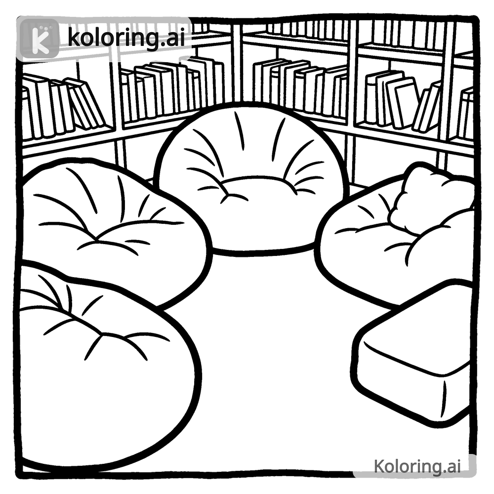 Black and white coloring page of reading corner with cushions and beanbags