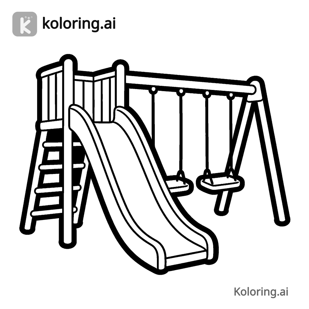 Black and white coloring page of recess playground with a slide and swings