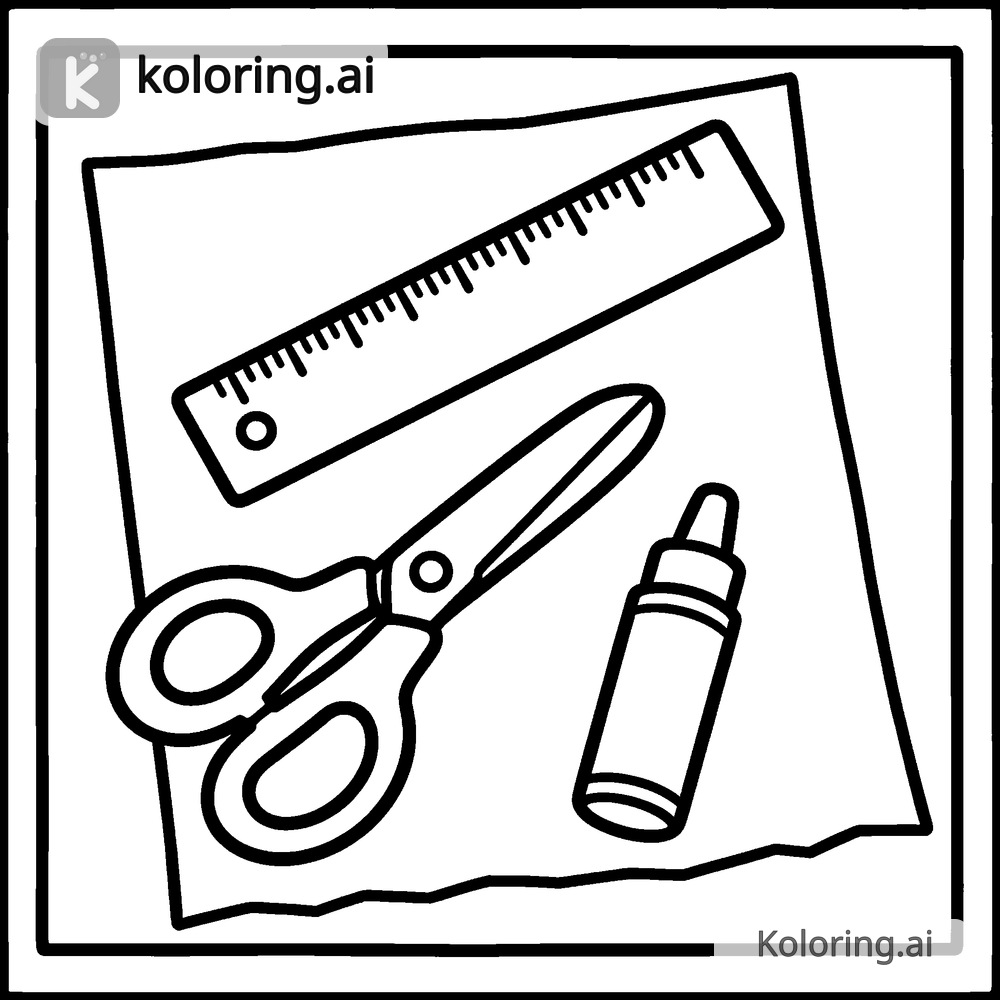 Black and white coloring page of ruler, scissors and glue on craft paper