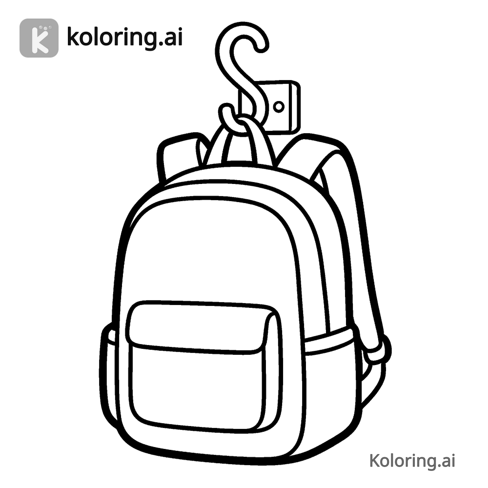 Black and white coloring page of school backpack hanging on a coat hook