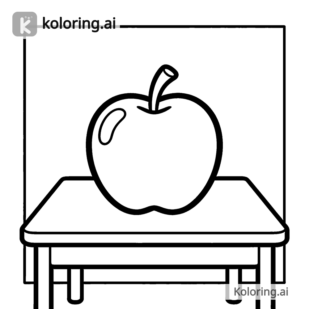 Black and white coloring page of shiny apple on a teacher's desk