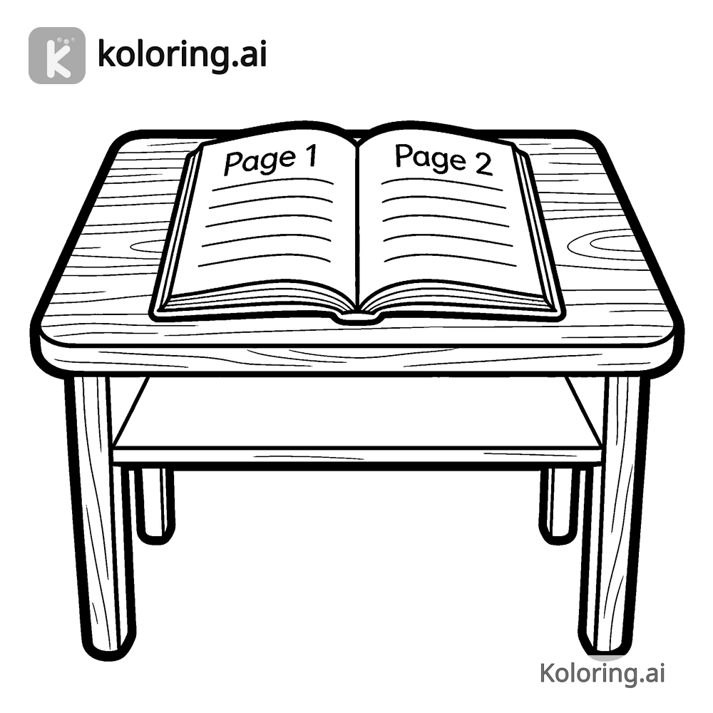 Black and white coloring page of wooden desk with an open workbook