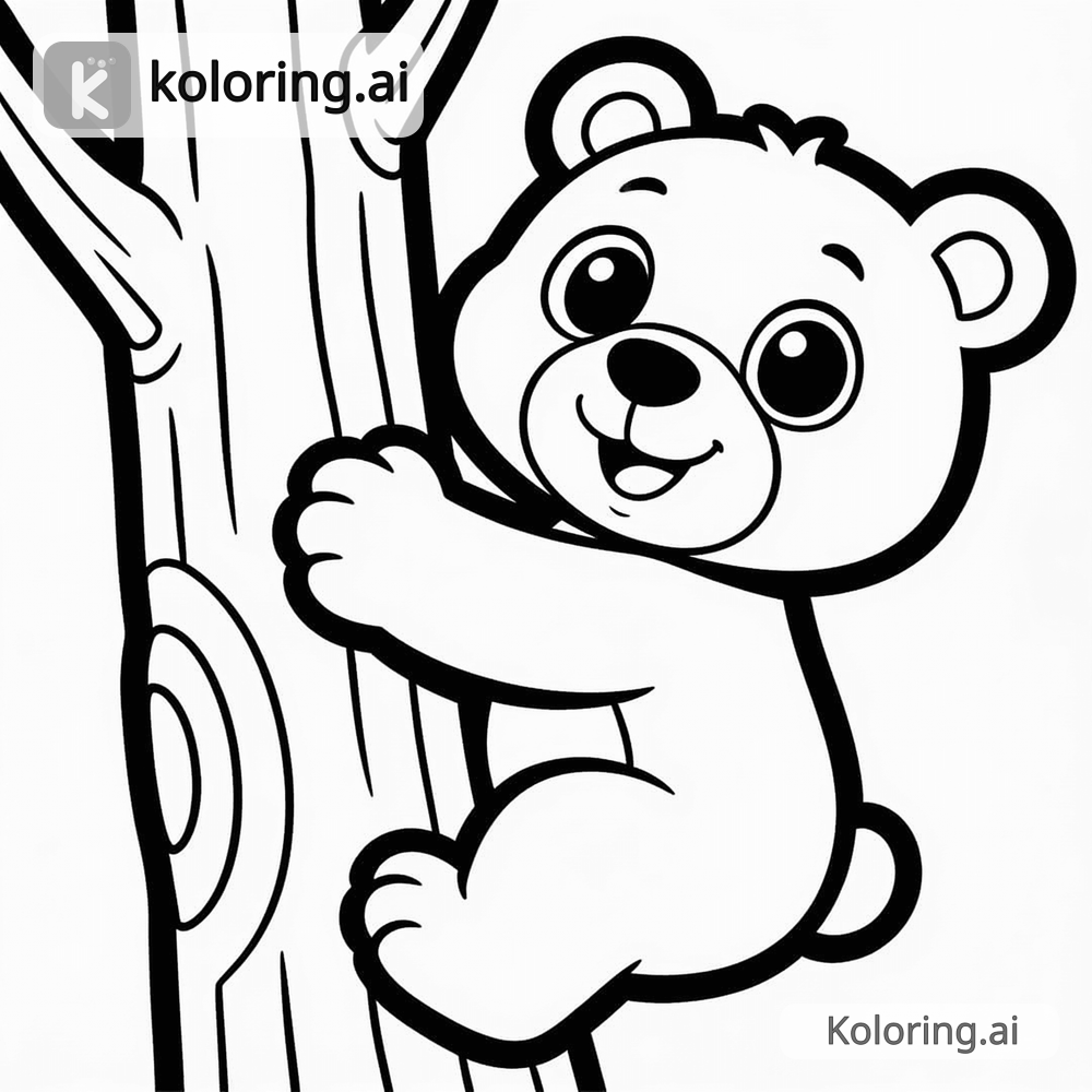 Black and white coloring page of bear cub climbing a tree