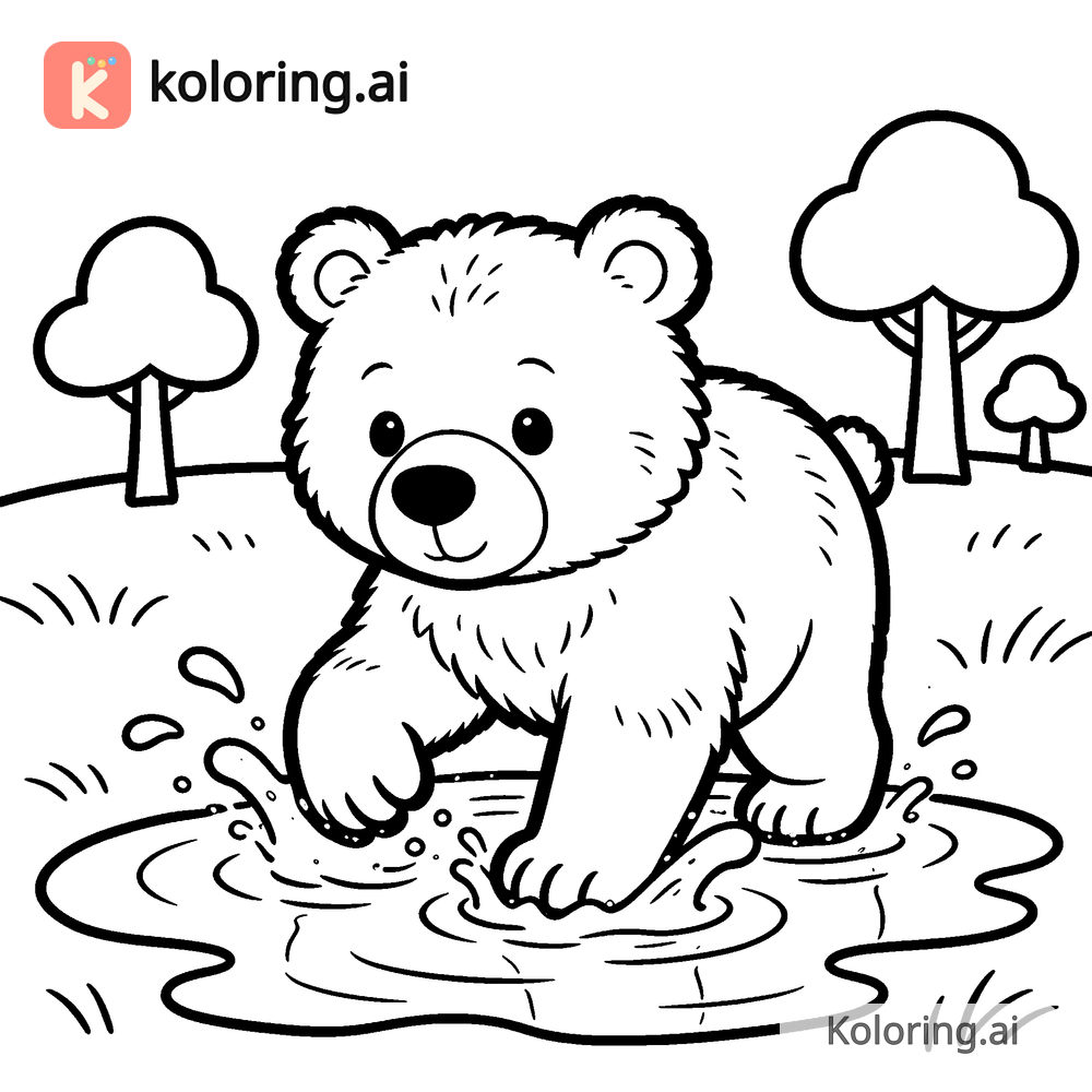 Black and white coloring page of bear cub splashing in a forest puddle