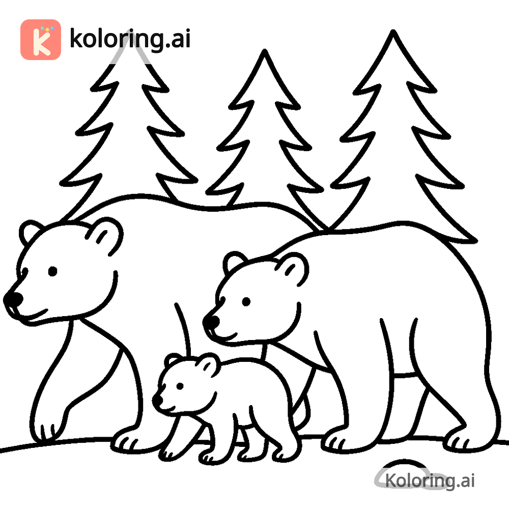 Black and white coloring page of bear family walking through a pine forest