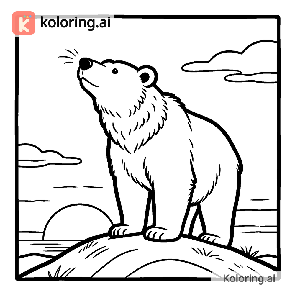Black and white coloring page of bear sniffing the air on a hilltop at sunset