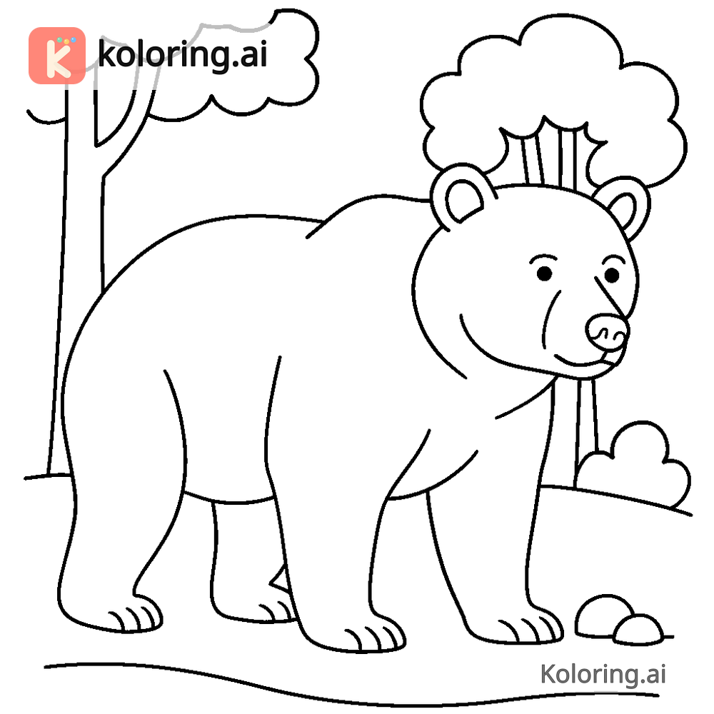 Black and white coloring page of bear standing at the edge of a forest clearing