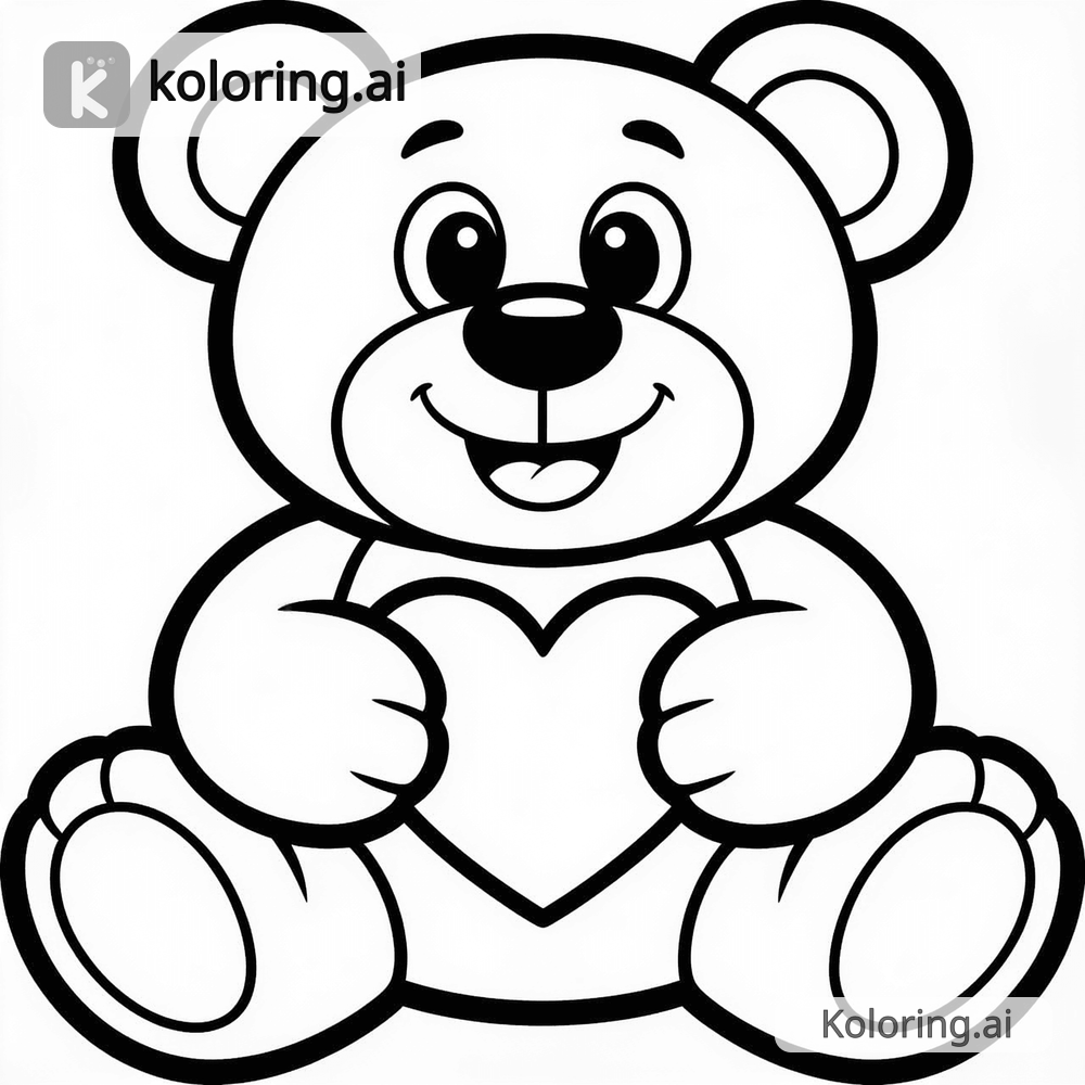 Black and white coloring page of cuddly teddy bear holding a heart