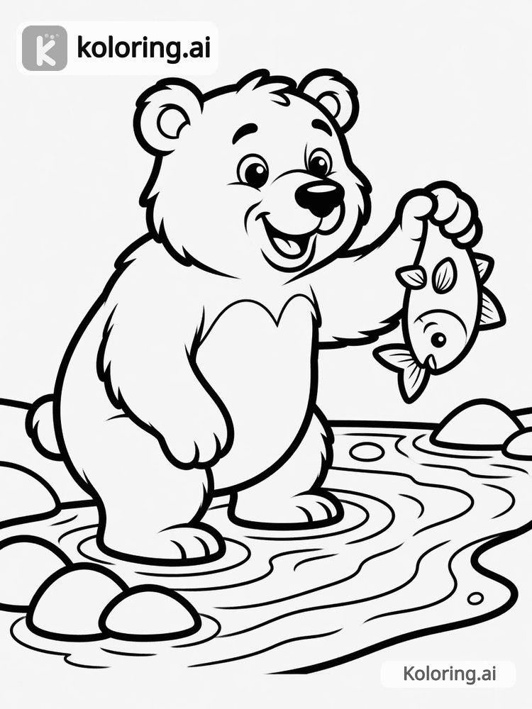 Black and white coloring page of grizzly bear catching fish in a river