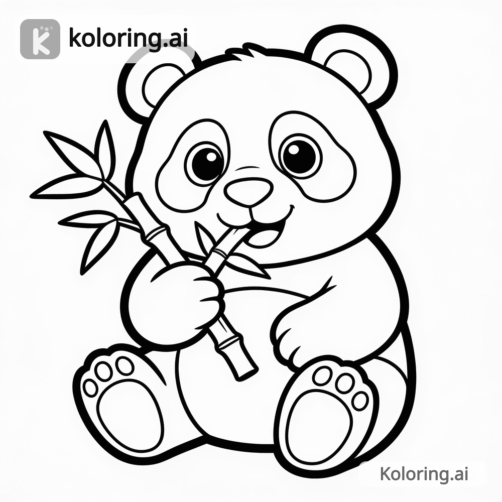Black and white coloring page of panda bear eating bamboo