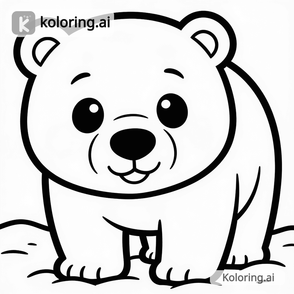 Black and white coloring page of polar bear standing in the snow