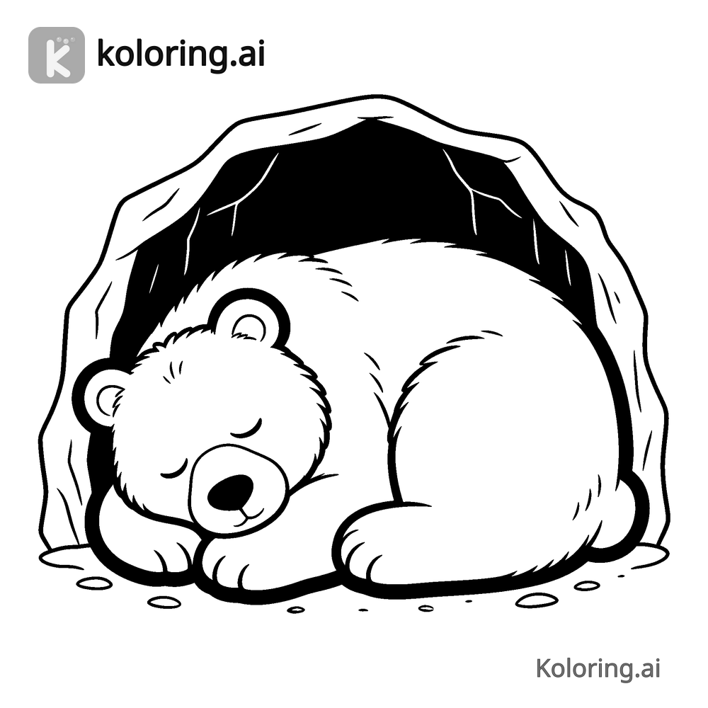 Black and white coloring page of sleeping bear inside a cave