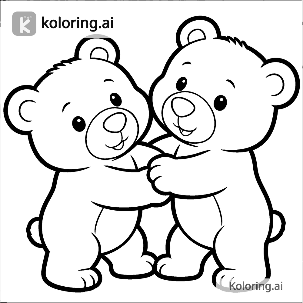 Black and white coloring page of two bear cubs wrestling