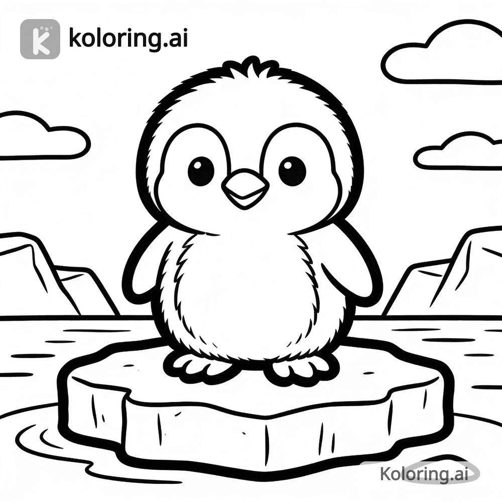 Black and white coloring page of baby penguin standing on an ice block