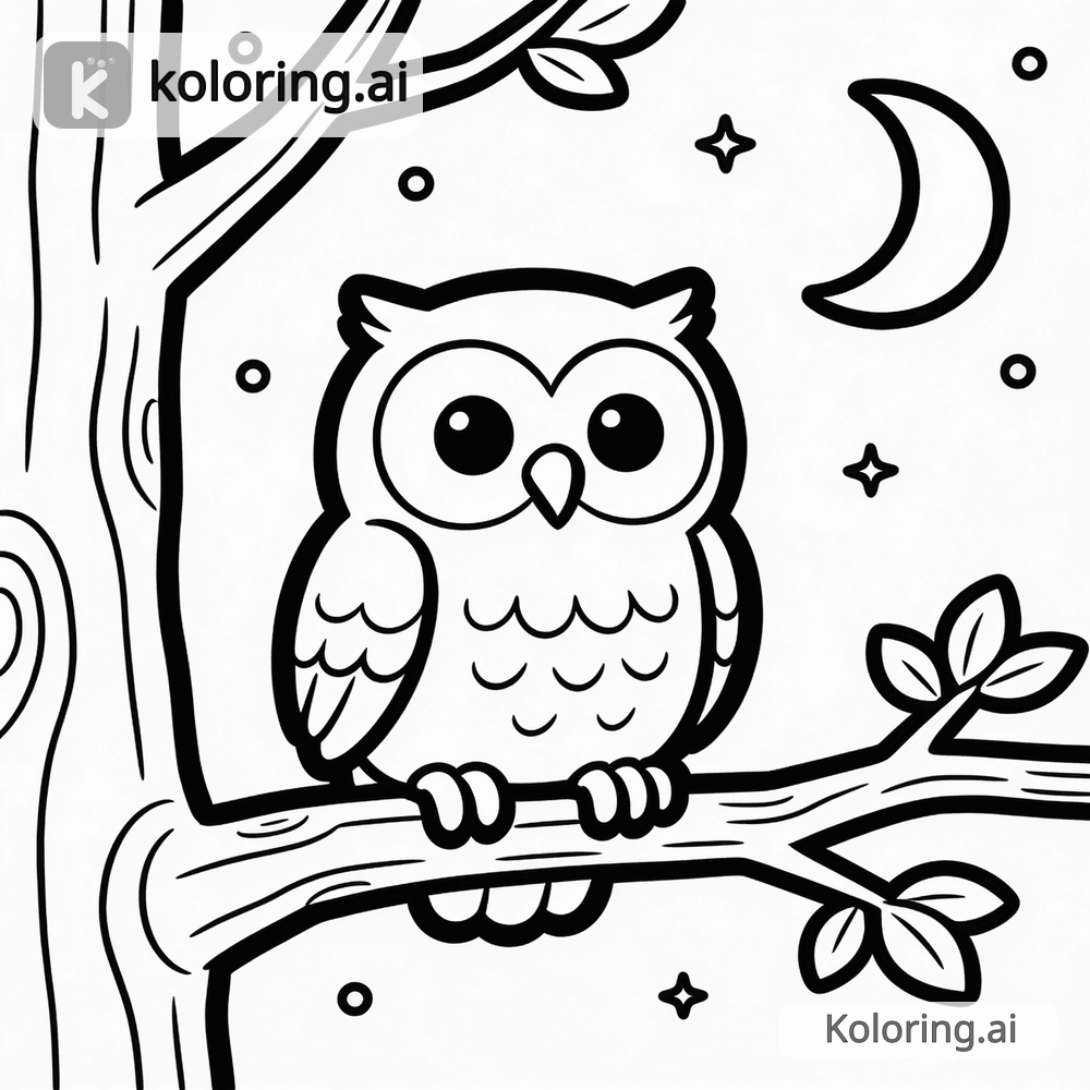 Black and white coloring page of cute owl sitting on a tree branch at night