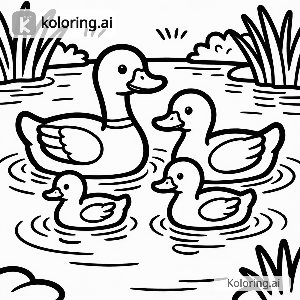 Black and white coloring page of family of ducks swimming in a pond
