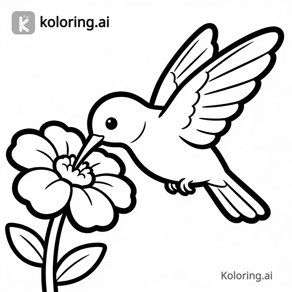 Black and white coloring page of hummingbird drinking from a flower
