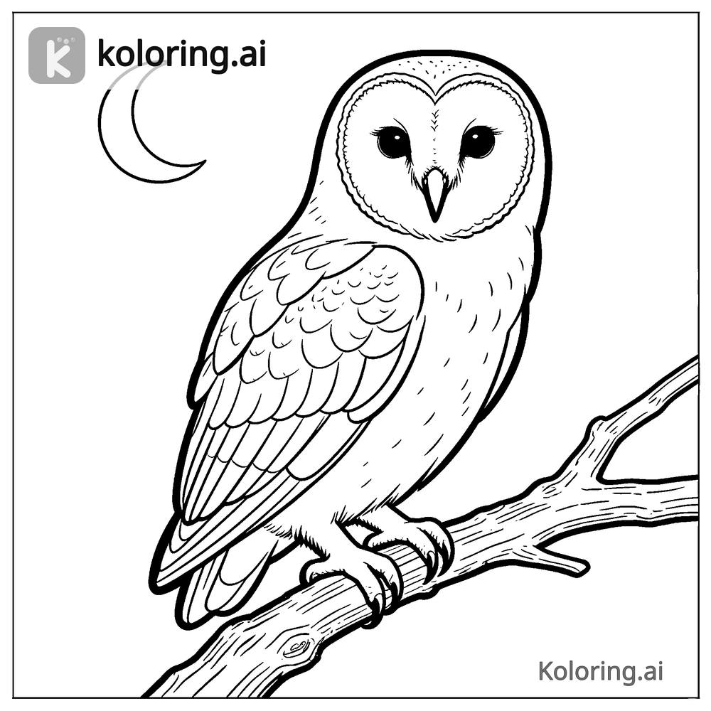 Black and white coloring page of owl perched on a moonlit branch