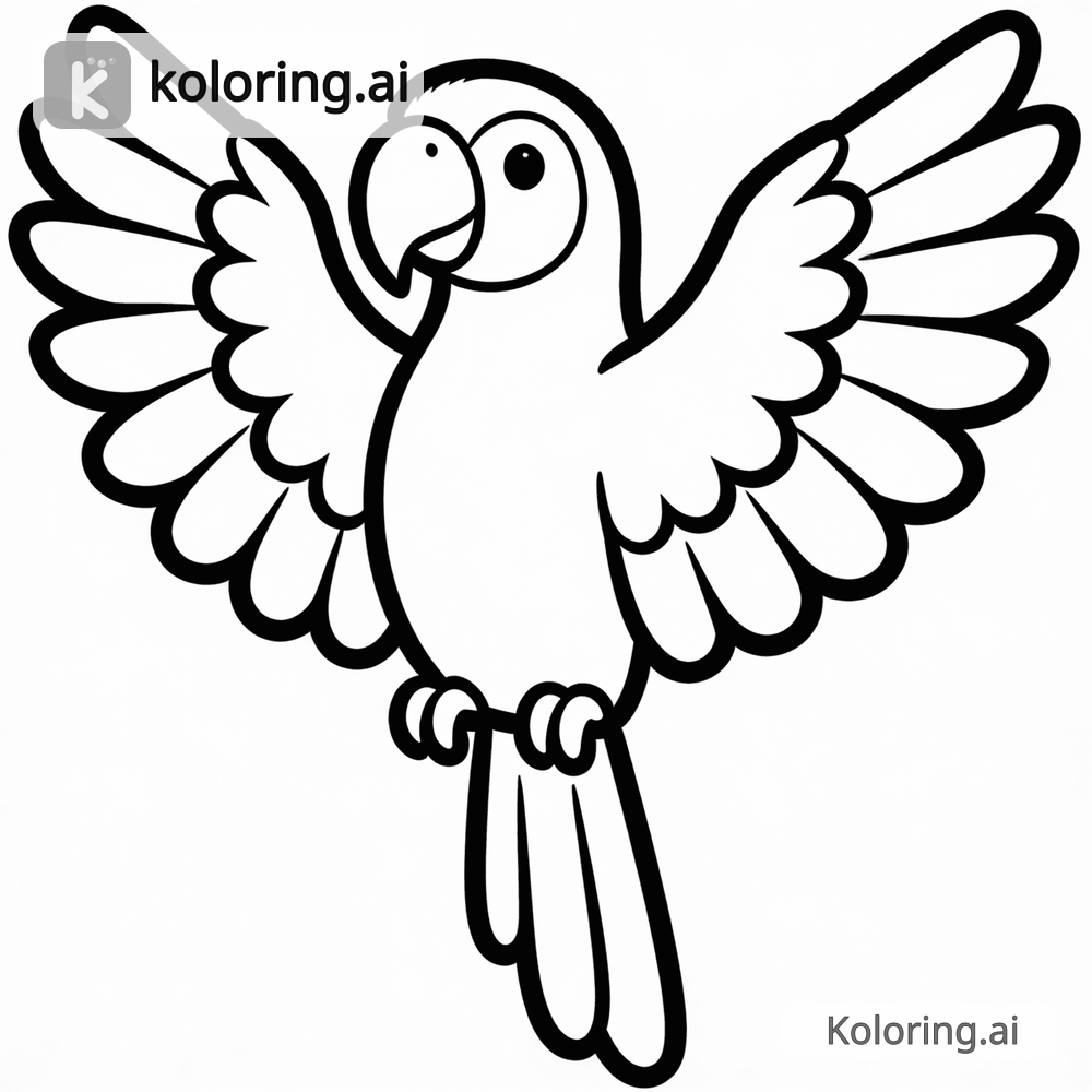 Black and white coloring page of parrot with colorful tropical feathers