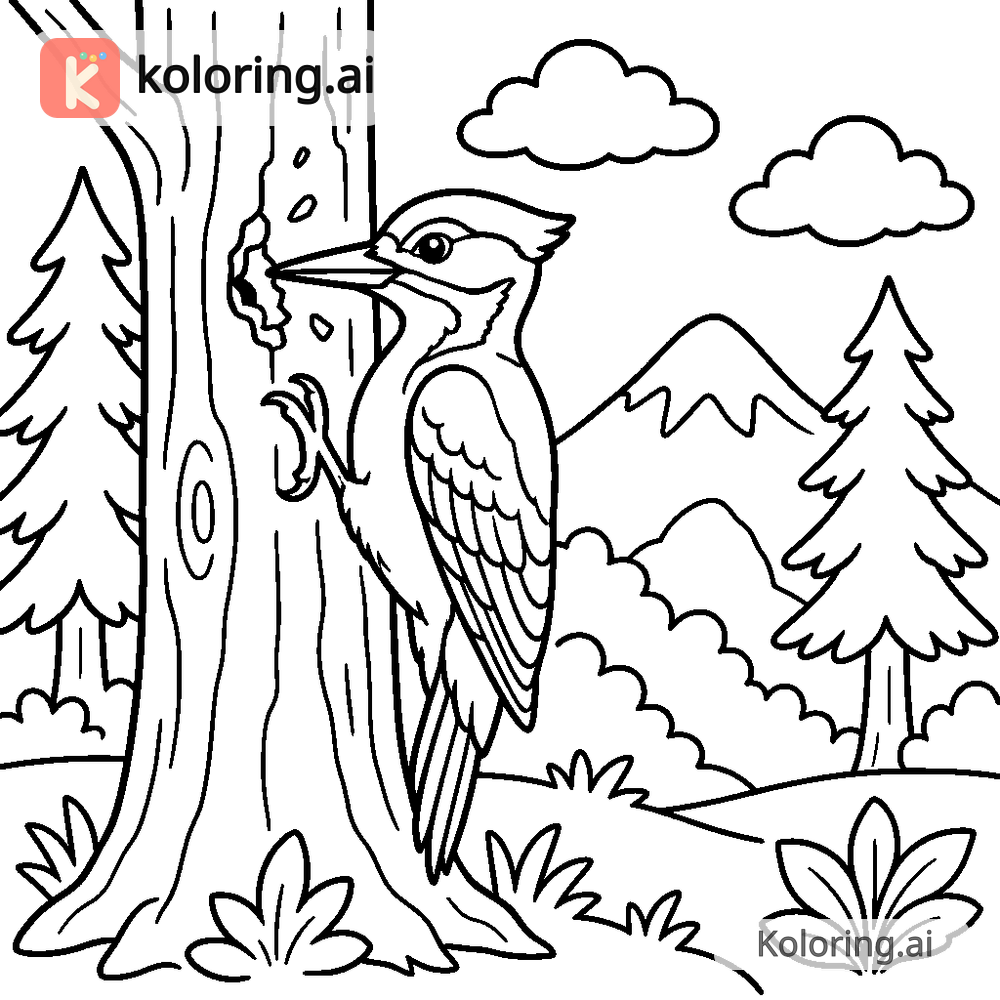Black and white coloring page of woodpecker pecking at a tree trunk in the forest