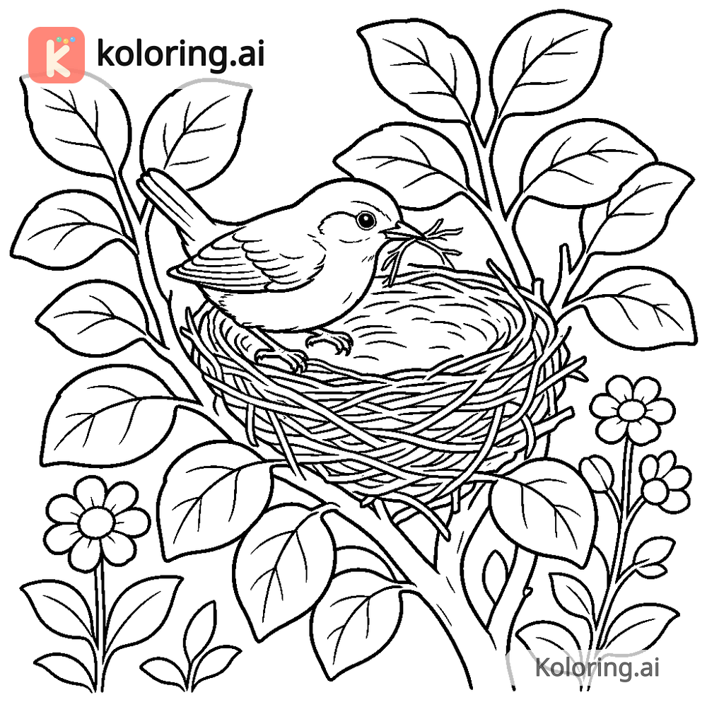 Black and white coloring page of wren building a nest in a garden shrub