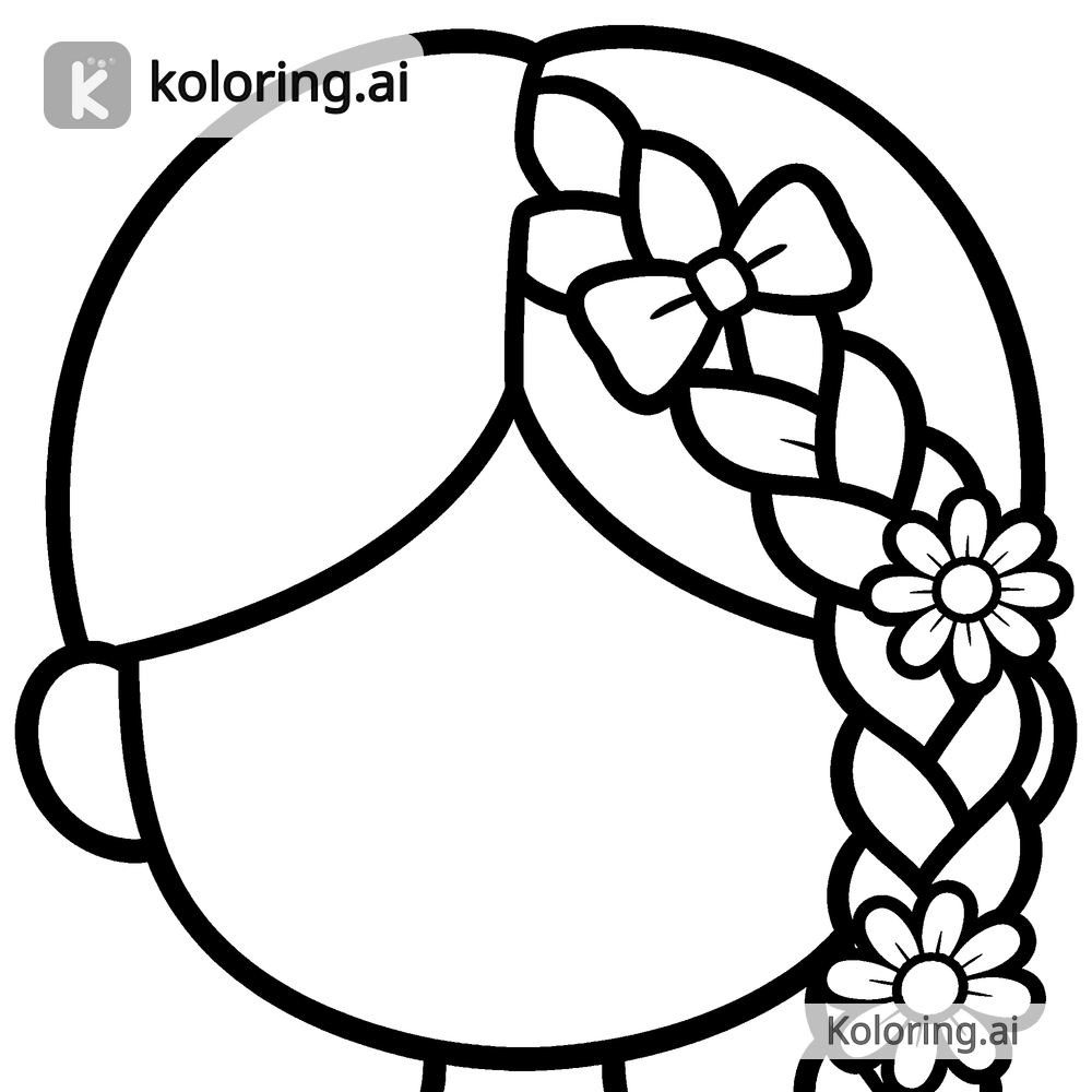 Black and white coloring page of bow and daisies woven into a hair braid