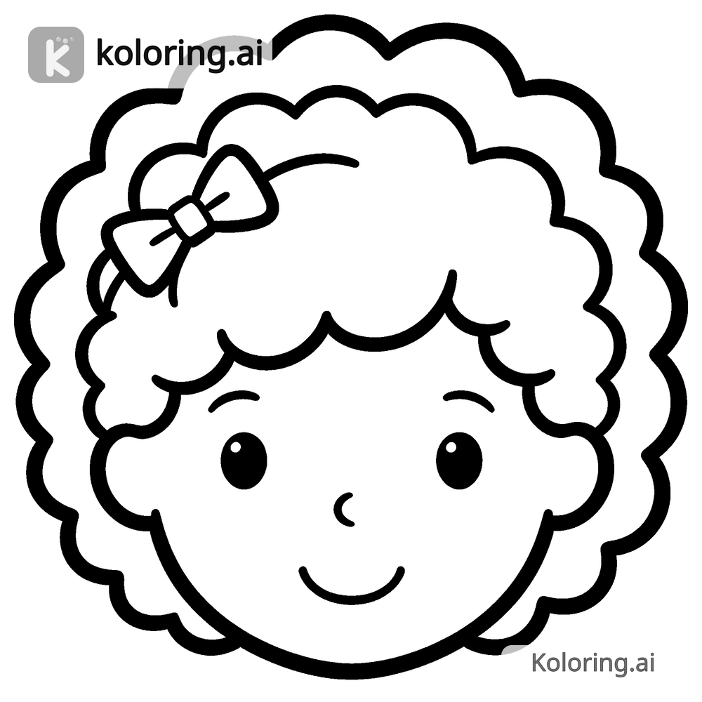 Black and white coloring page of bow clip nestled among curly locks of hair
