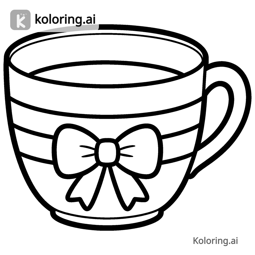Black and white coloring page of bow decorating the handle of a teacup