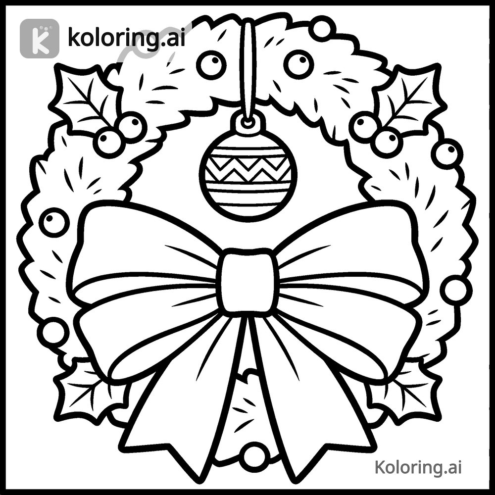 Black and white coloring page of bow ornament hanging from a holiday wreath