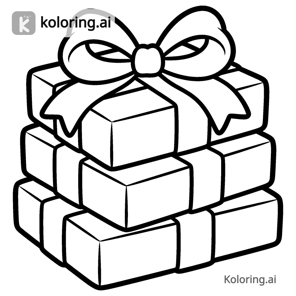 Black and white coloring page of bow perched atop a stack of wrapped gifts