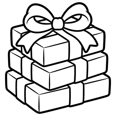 Black and white coloring page of bow perched atop a stack of wrapped gifts