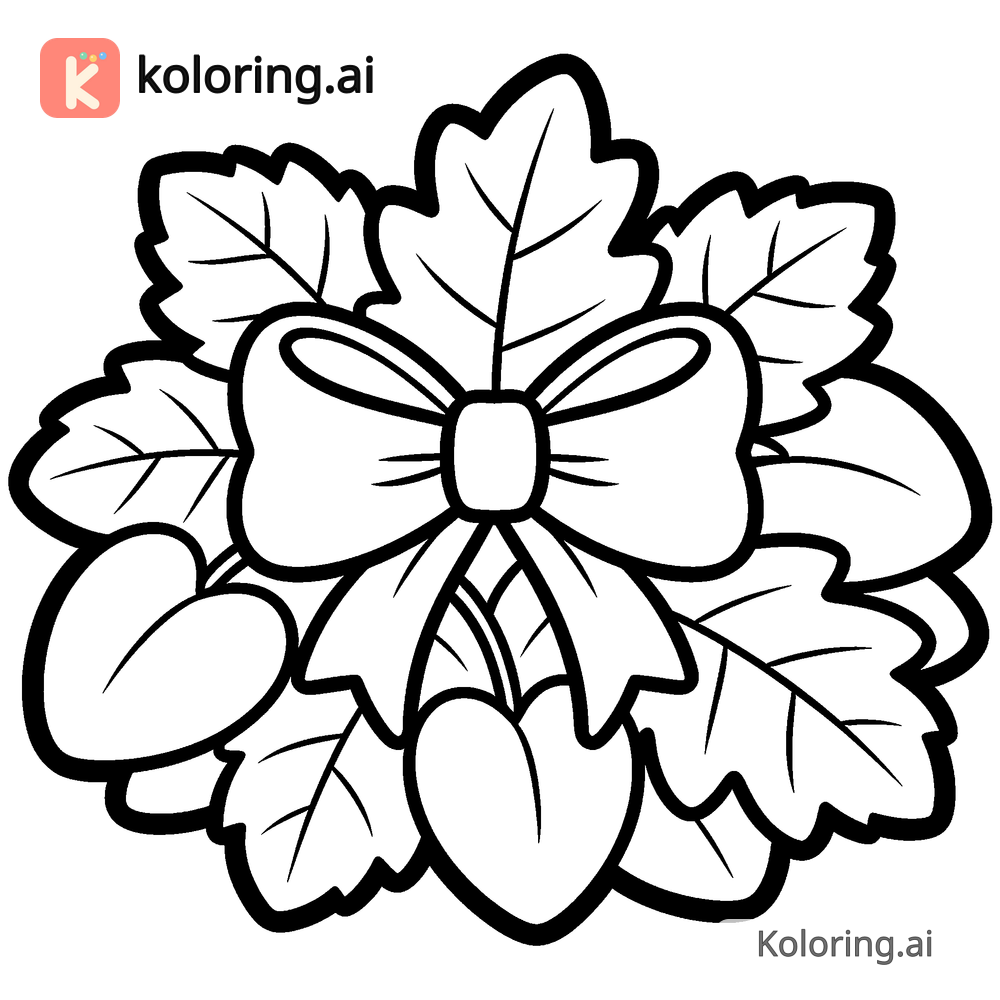 Black and white coloring page of bow sitting on a pile of autumn leaves
