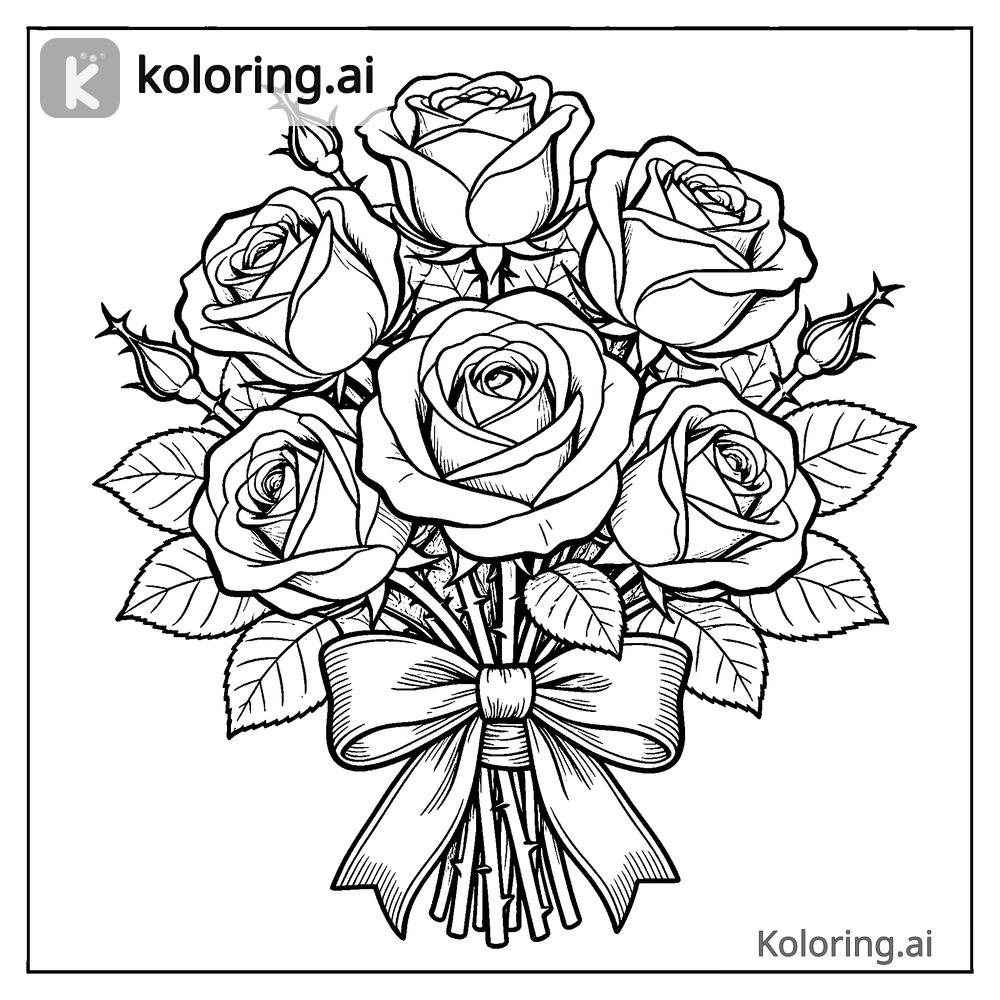 Black and white coloring page of bow tied around a bouquet of roses