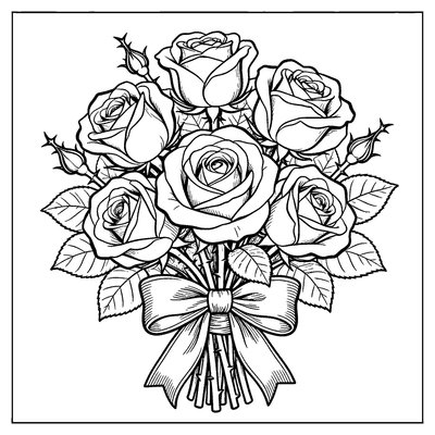 Black and white coloring page of bow tied around a bouquet of roses